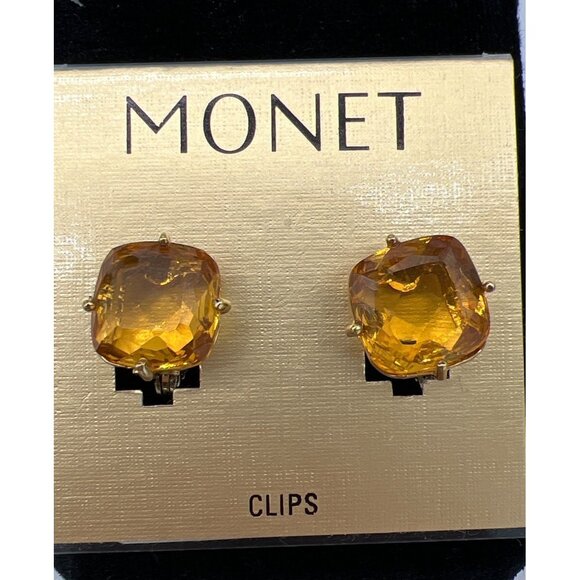 Vintage Monet Gold Citrine Glass Clip On Earrings Elegant Costume Jewelry - Picture 2 of 6
